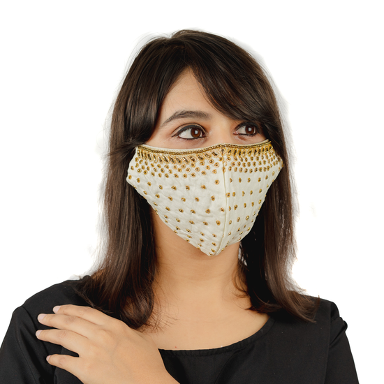 Load image into Gallery viewer, Creamy White Cotton Face Mask with Golden Embroidery - Maxim Creation
