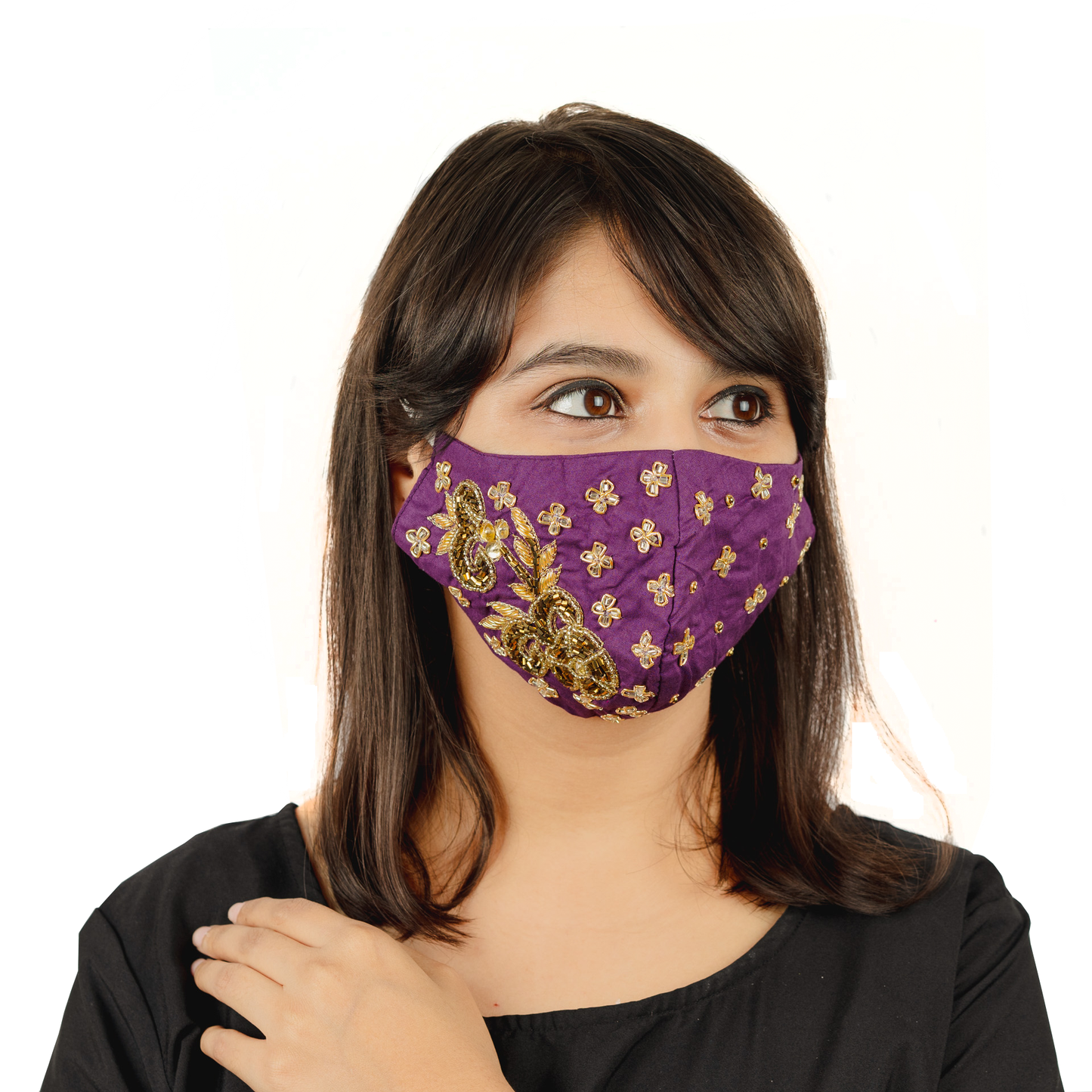Purple Colour Cotton Mask with Floral Embroidery - Maxim Creation