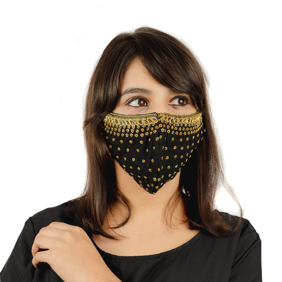 Black Cotton Mask Face Mask with Golden Hand Embroidery - Maxim Creation