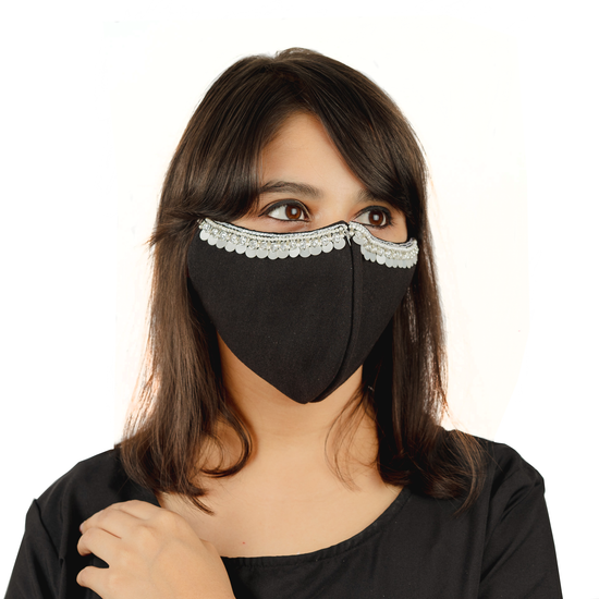 Traditional Black Coloured Cotton Mask with Embroidery - Maxim Creation