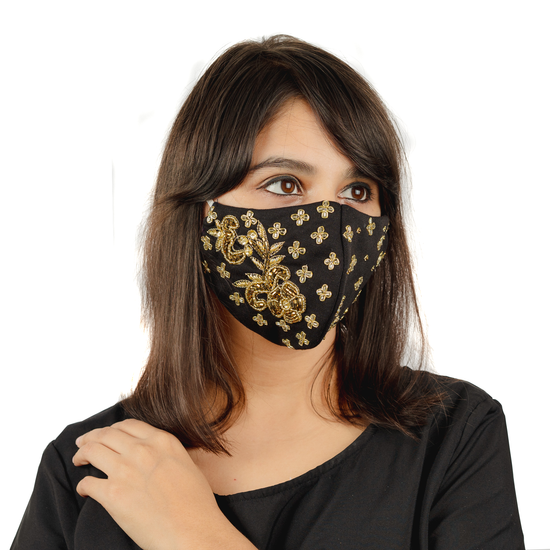 Black Cotton Mask with Floral Embroidery - Maxim Creation
