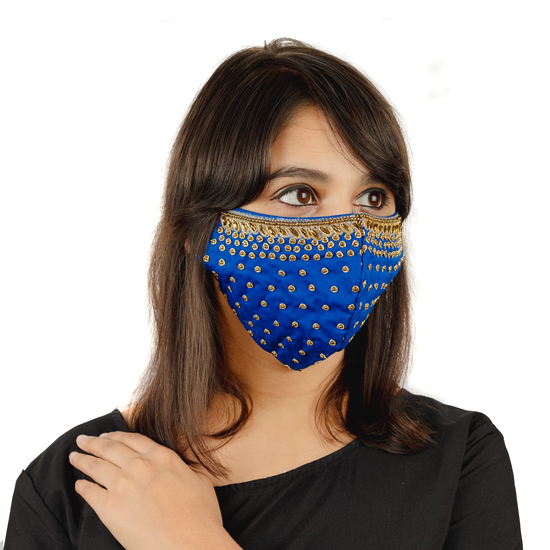Load image into Gallery viewer, Gold Embroidery on Royal Blue Cotton Mask - Maxim Creation
