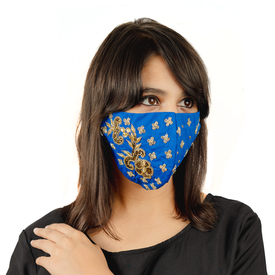 Royal Blue Cotton Face Mask with Floral Embroidery - Maxim Creation