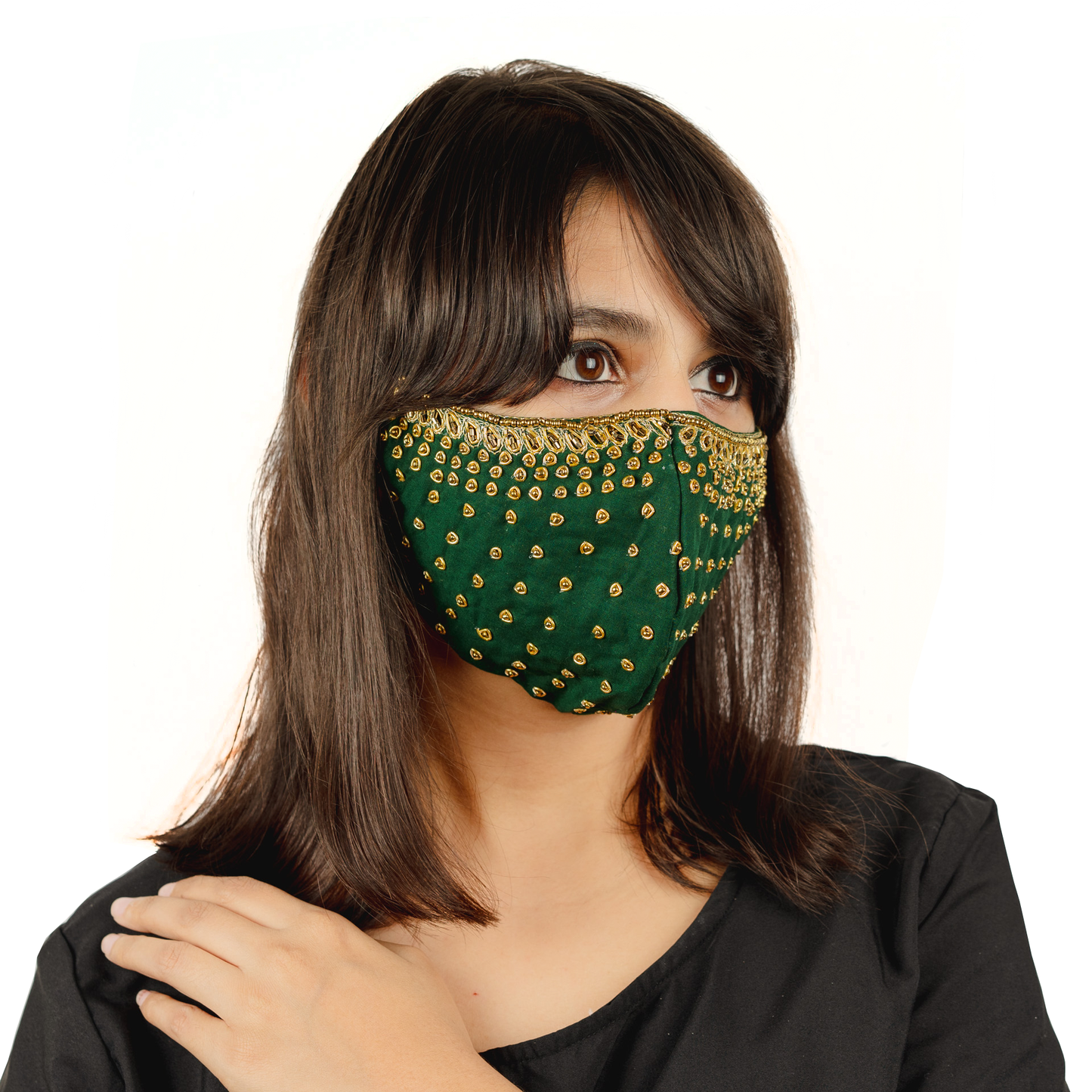Bottle Green Polka Dot Embroidered Cotton Face Mask - Maxim Creation
