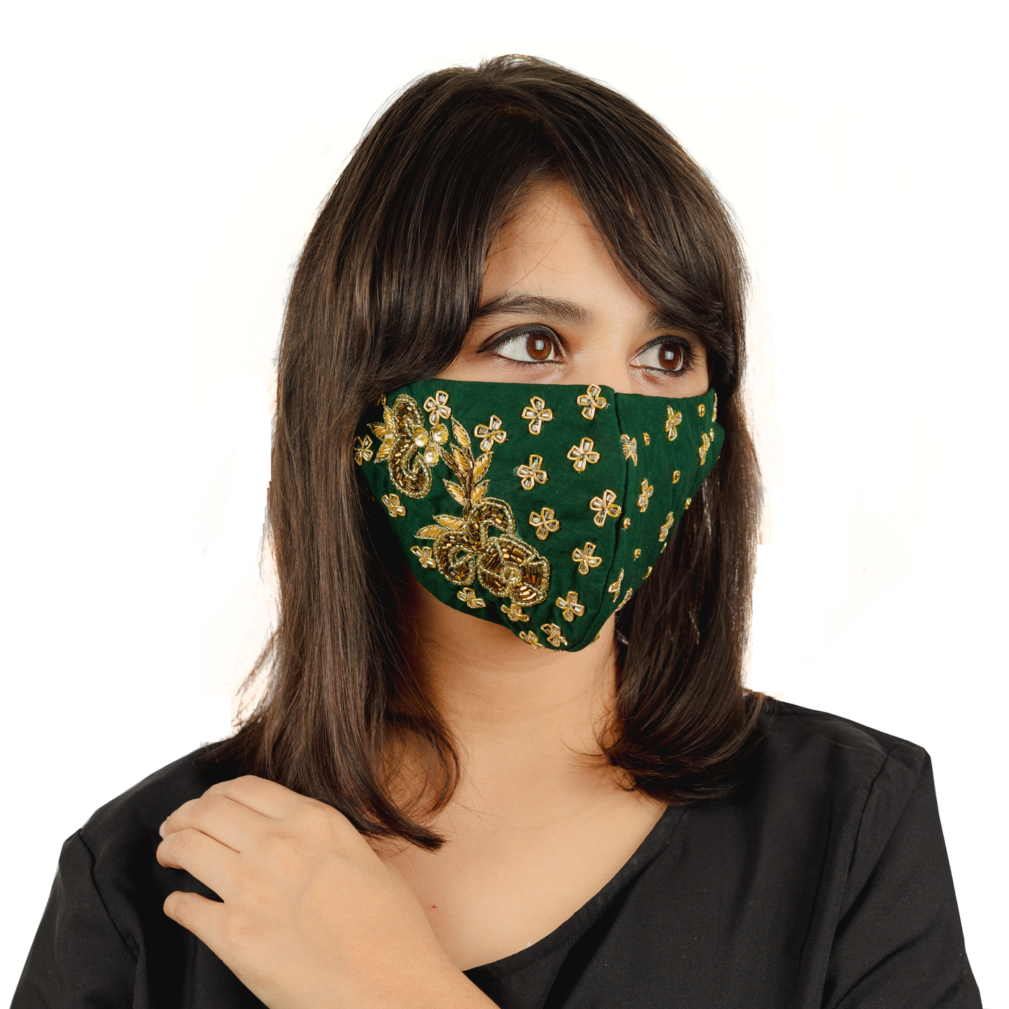 Emerald Green Cotton Face Mask with Floral Embroidery - Maxim Creation