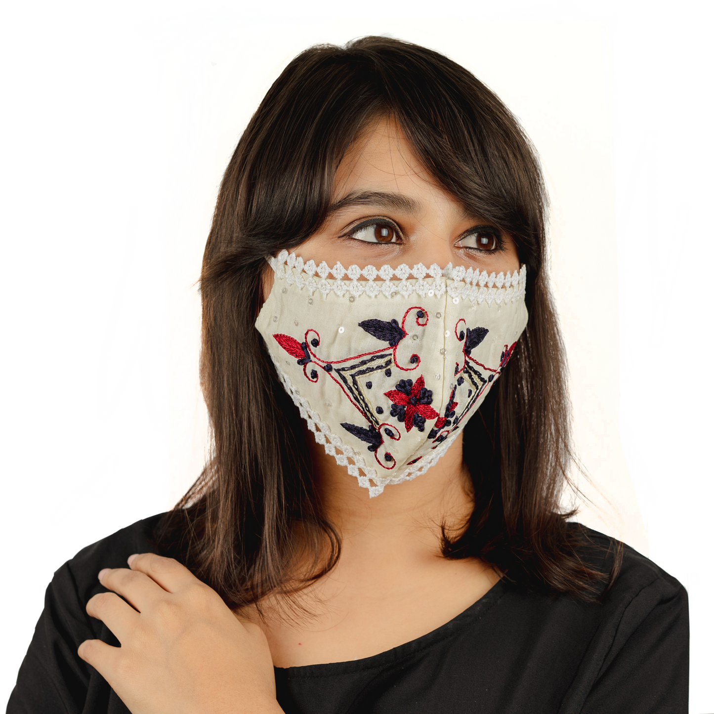 Charger l&amp;#39;image dans la galerie, Cream Cotton Face Mask with Floral Embroidery - Maxim Creation
