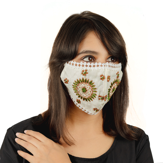 Cream Cotton Lace Face Mask with Sun Flower Embroidery - Maxim Creation