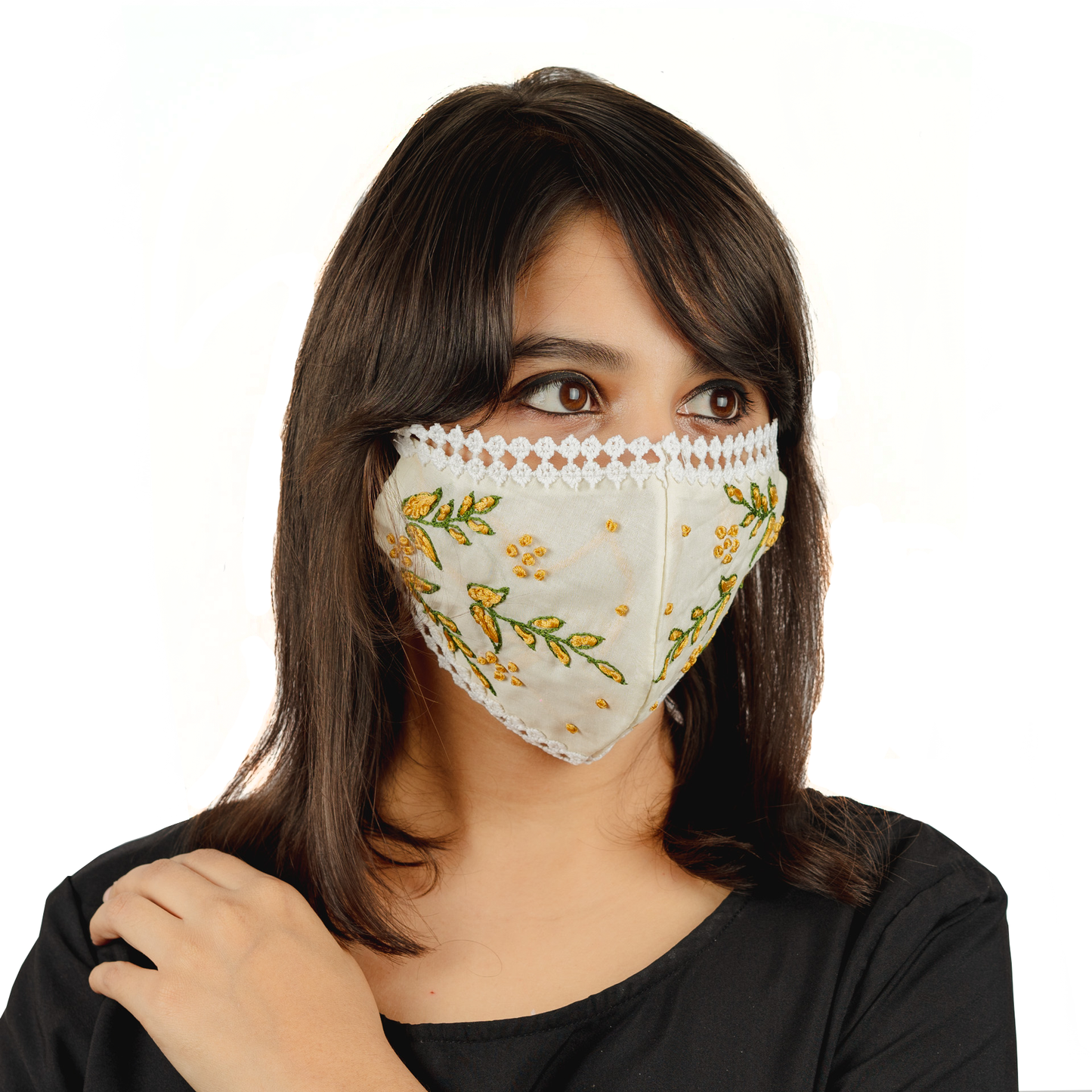Load image into Gallery viewer, Cream Coloured Cotton Lace Face Mask with Floral Thread Embroidery - Maxim Creation
