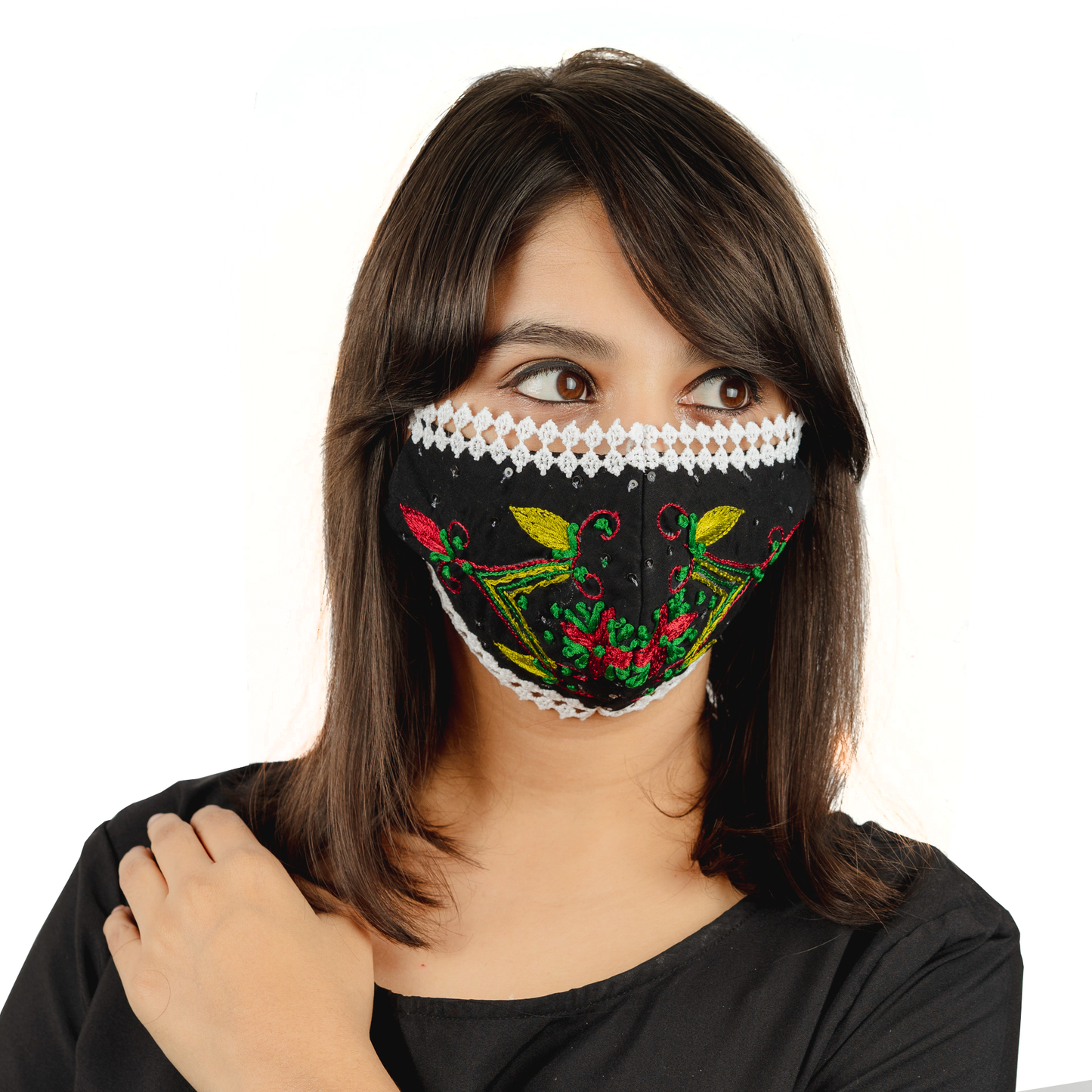 Charger l&amp;#39;image dans la galerie, Black Cotton Lace Face Mask with Floral Thread Embroidery - Maxim Creation
