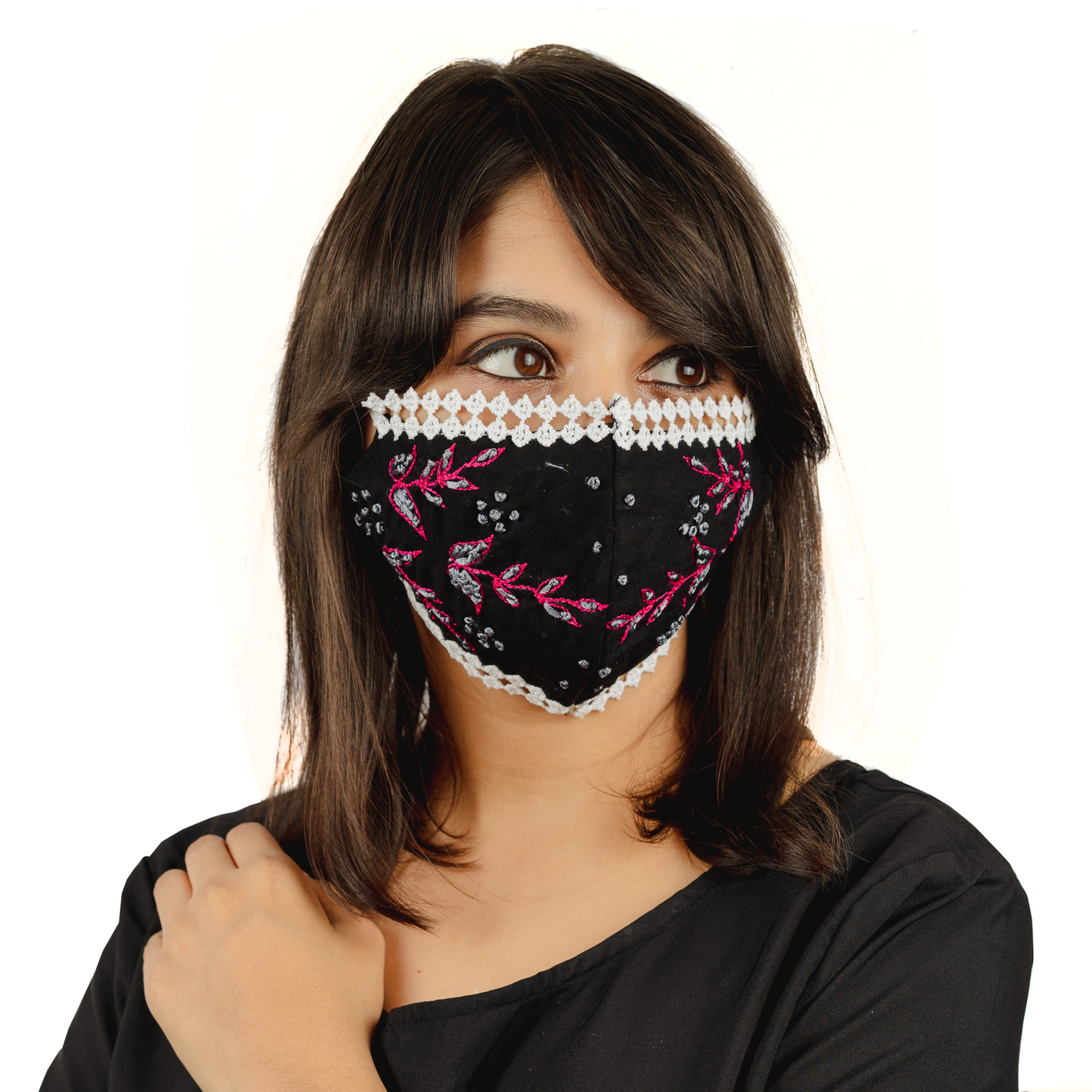 Load image into Gallery viewer, Black Coloured Cotton Lace Face Mask with Floral Thread Embroidery - Maxim Creation
