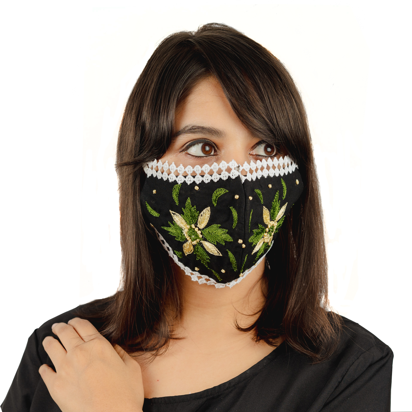 Load image into Gallery viewer, Geometric Floral Embroidery on Black Coloured Cotton Face Mask - Maxim Creation
