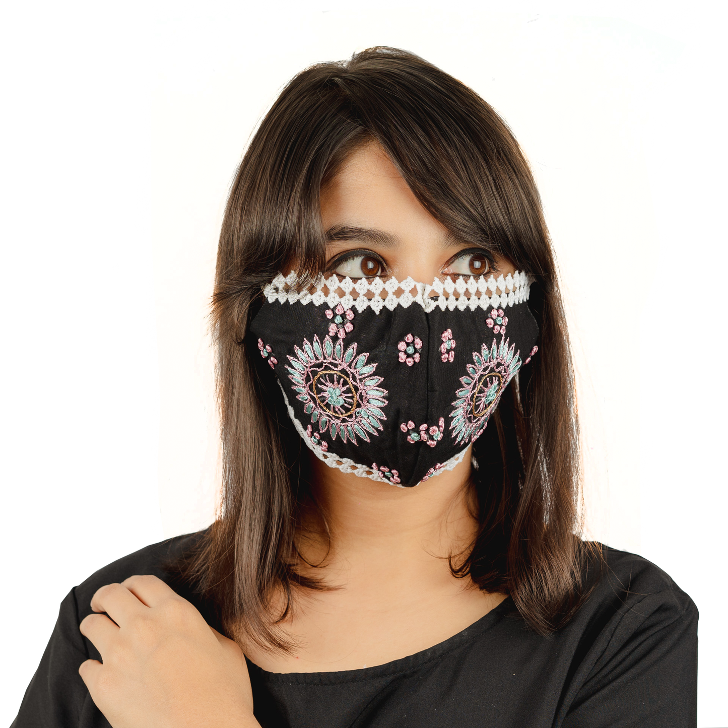 Black Coloured Cotton Face Mask with Lace and Sun Flowered Embroidery - Maxim Creation