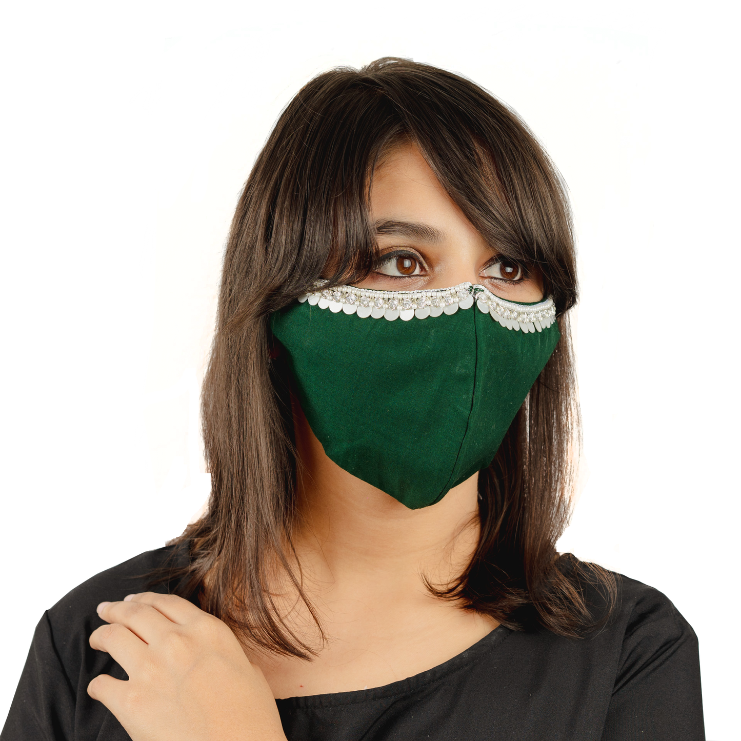Bottle Green Coloured Cotton Face Mask with Hanging Tassel Embroidery - Maxim Creation