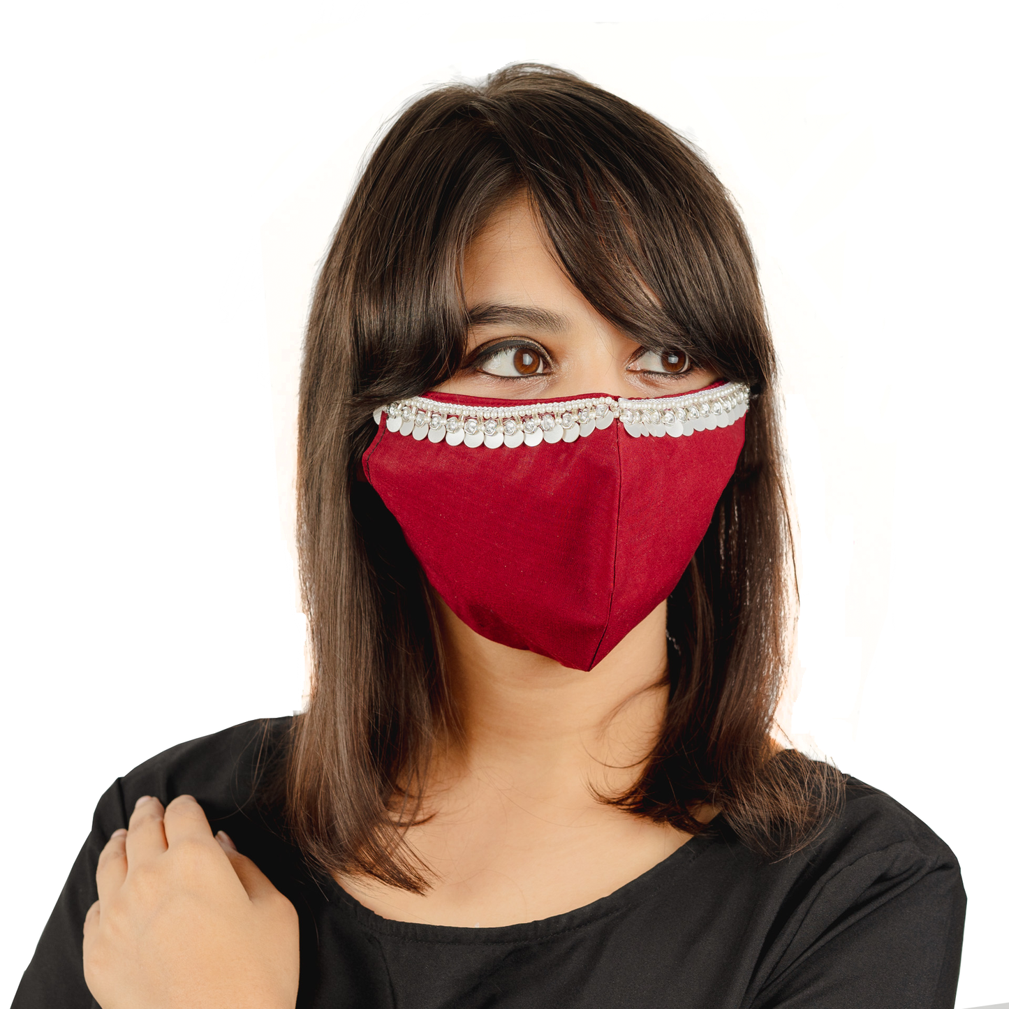 Red Cotton Face Mask with Hanging Tassel Embroidery - Maxim Creation