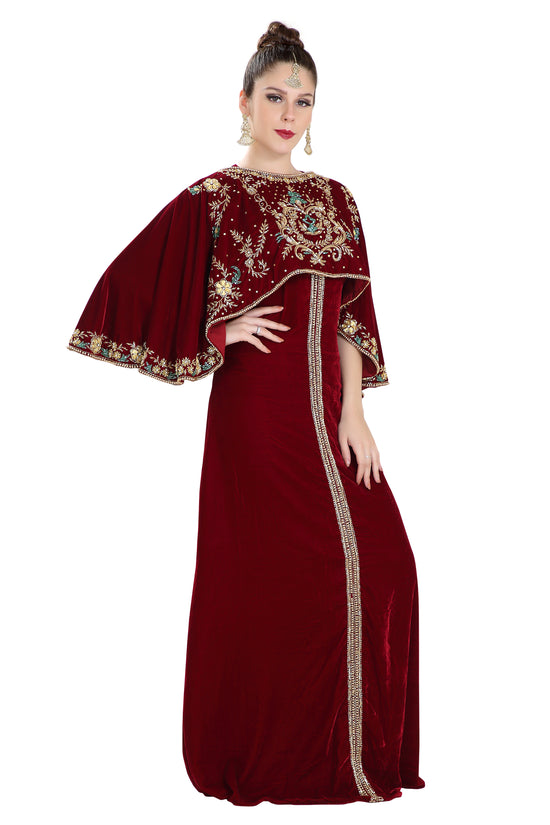 Embroidered Maxi in Maroon Velvet Fabric - Maxim Creation