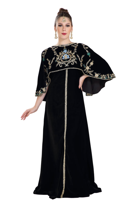 Load image into Gallery viewer, Arabian Kaftan Velvet Fabric with Colorful Crystal Embroidered Dress - Maxim Creation
