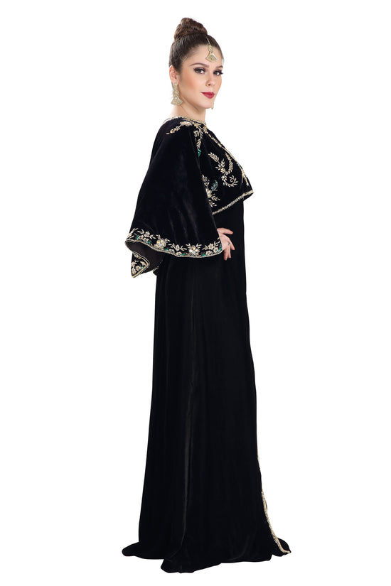 Load image into Gallery viewer, Arabian Kaftan Velvet Fabric with Colorful Crystal Embroidered Dress - Maxim Creation
