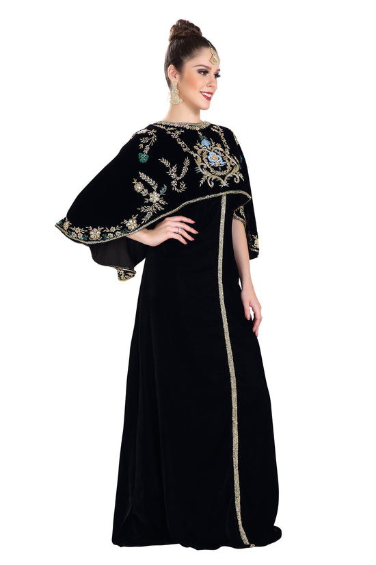 Arabian Kaftan Velvet Fabric with Colorful Crystal Embroidered Dress - Maxim Creation